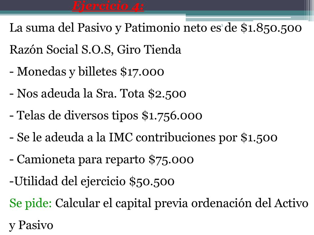 Ejercicio 4: La suma del Pasivo y Patimonio neto es de $ Razón Social S.O.S, Giro Tienda.