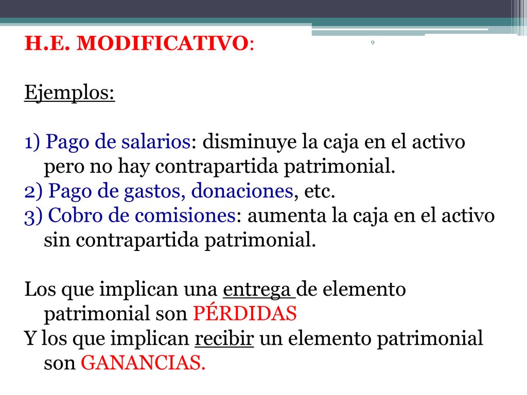 H.E. MODIFICATIVO: Ejemplos: 1) Pago de salarios: disminuye la caja en el activo pero no hay contrapartida patrimonial.