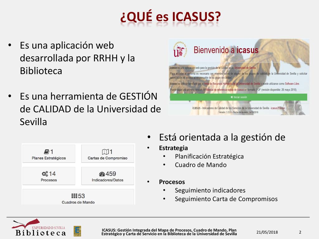 ¿QUÉ es ICASUS Es una aplicación web desarrollada por RRHH y la Biblioteca. Es una herramienta de GESTIÓN de CALIDAD de la Universidad de Sevilla.