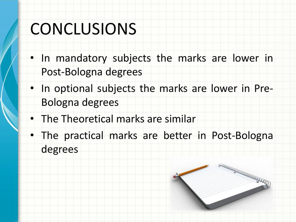 CONCLUSIONS In mandatory subjects the marks are lower in Post-Bologna degrees. In optional subjects the marks are lower in Pre-Bologna degrees.
