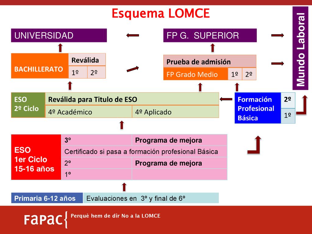 Esquema LOMCE Mundo Laboral UNIVERSIDAD FP G. SUPERIOR ESO 1er Ciclo