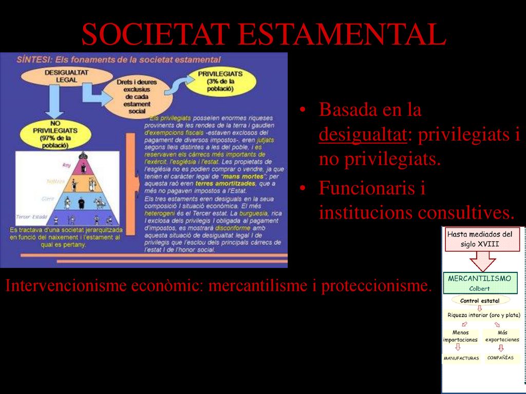 SOCIETAT ESTAMENTAL Basada en la desigualtat: privilegiats i no privilegiats. Funcionaris i institucions consultives.