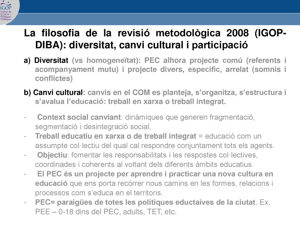 La filosofia de la revisió metodològica 2008 (IGOP-DIBA): diversitat, canvi cultural i participació
