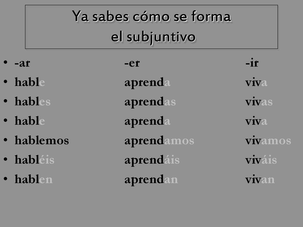 Ya sabes cómo se forma el subjuntivo -ar -er -ir hable aprenda viva