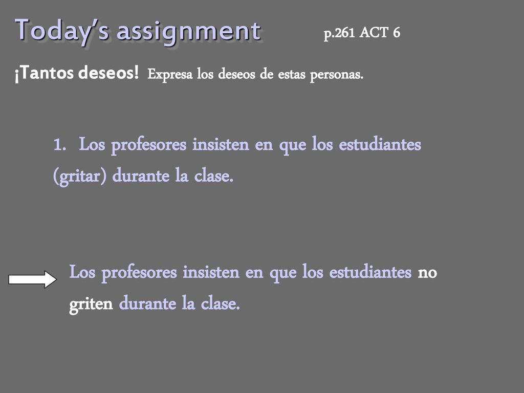 Today’s assignment p.261 ACT 6. ¡Tantos deseos! Expresa los deseos de estas personas.