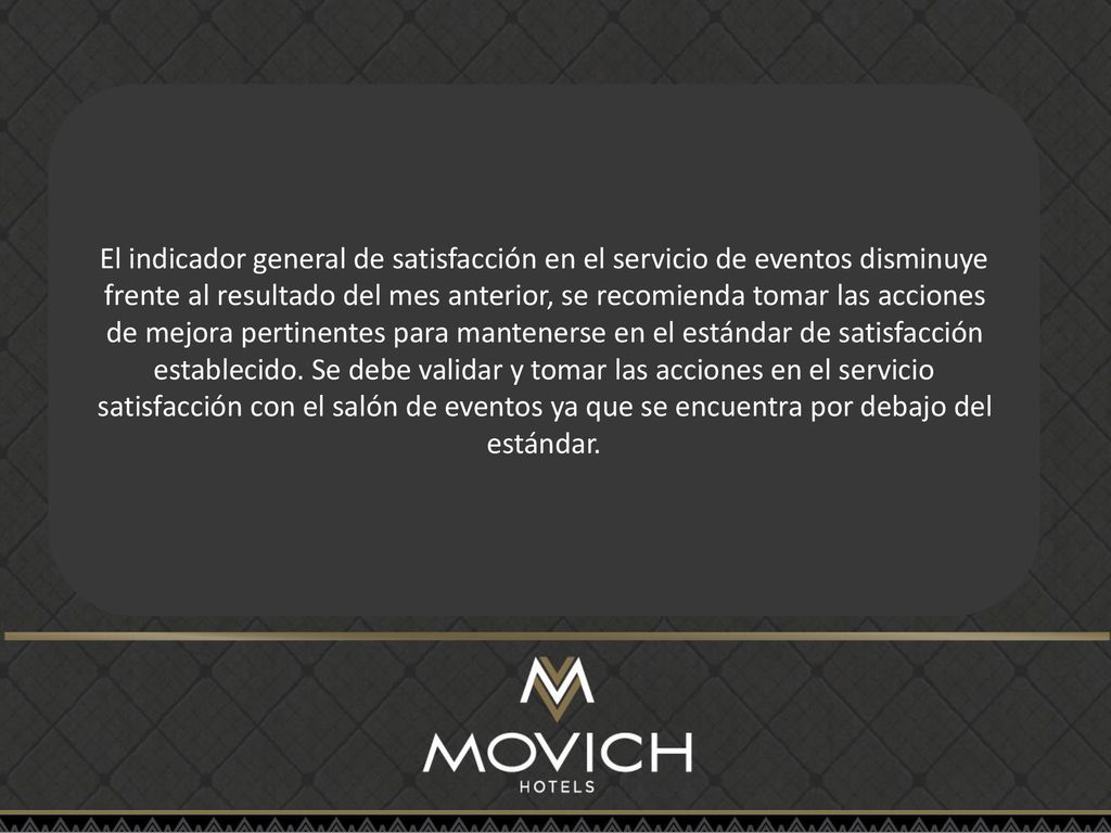 El indicador general de satisfacción en el servicio de eventos disminuye frente al resultado del mes anterior, se recomienda tomar las acciones de mejora pertinentes para mantenerse en el estándar de satisfacción establecido.