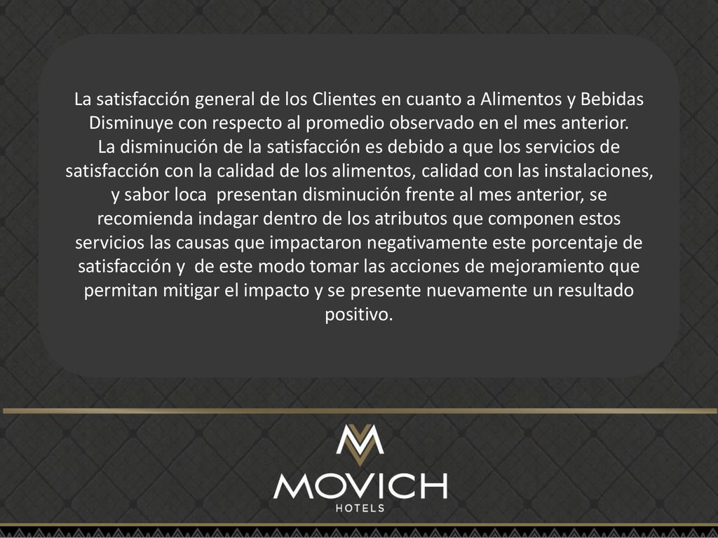 La satisfacción general de los Clientes en cuanto a Alimentos y Bebidas Disminuye con respecto al promedio observado en el mes anterior.
