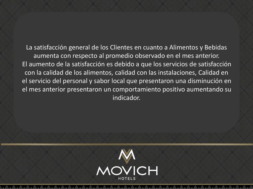 La satisfacción general de los Clientes en cuanto a Alimentos y Bebidas aumenta con respecto al promedio observado en el mes anterior.