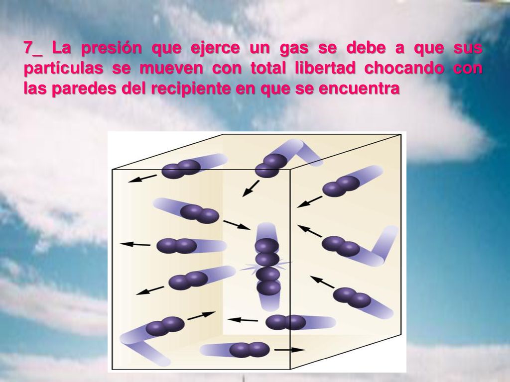 7_ La presión que ejerce un gas se debe a que sus partículas se mueven con total libertad chocando con las paredes del recipiente en que se encuentra