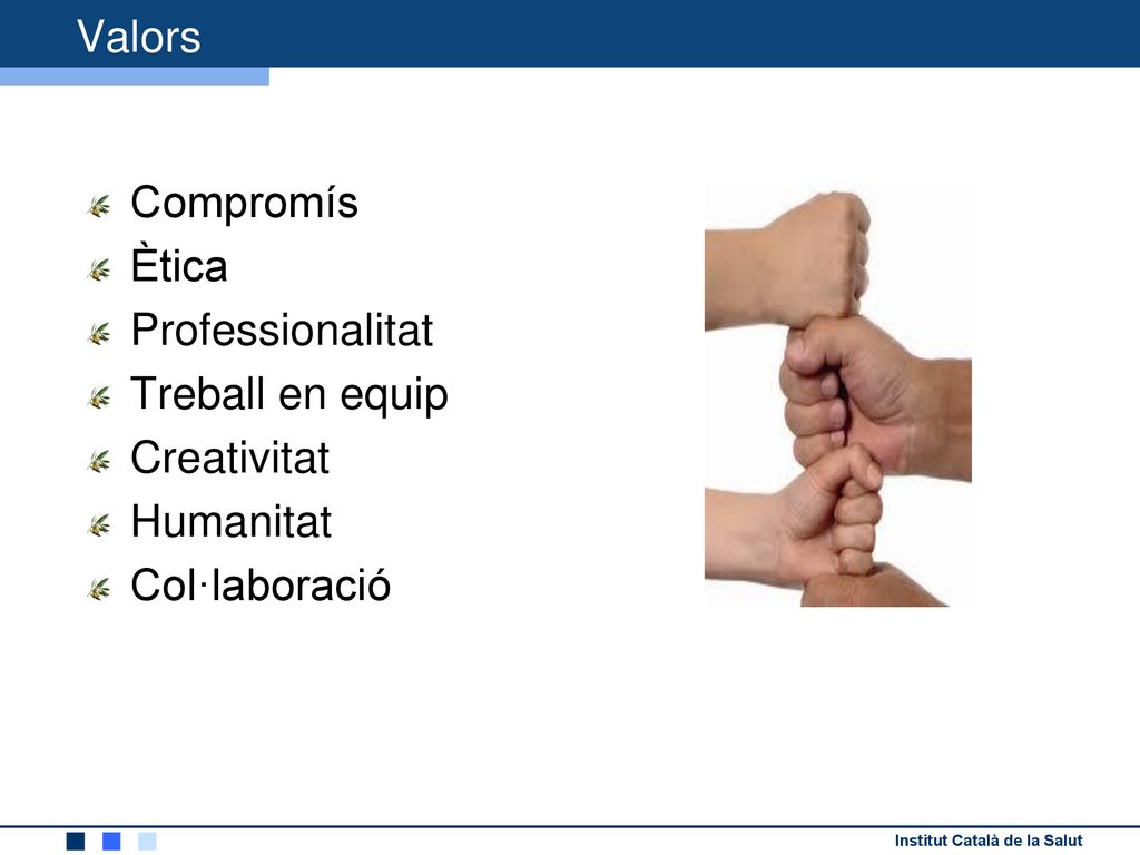 Valors Compromís Ètica Professionalitat Treball en equip Creativitat Humanitat Col·laboració