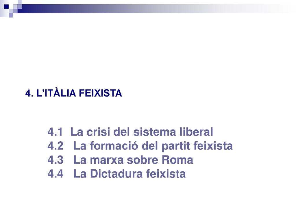 4.1 La crisi del sistema liberal 4.2 La formació del partit feixista