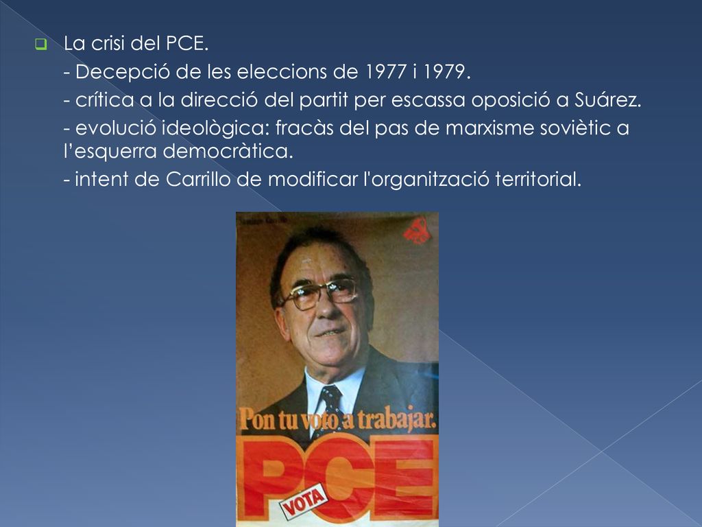 La crisi del PCE. - Decepció de les eleccions de 1977 i crítica a la direcció del partit per escassa oposició a Suárez.