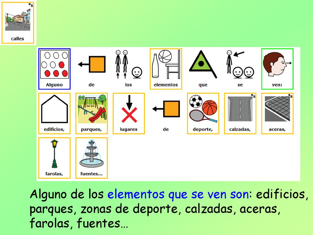 Alguno de los elementos que se ven son: edificios, parques, zonas de deporte, calzadas, aceras, farolas, fuentes…
