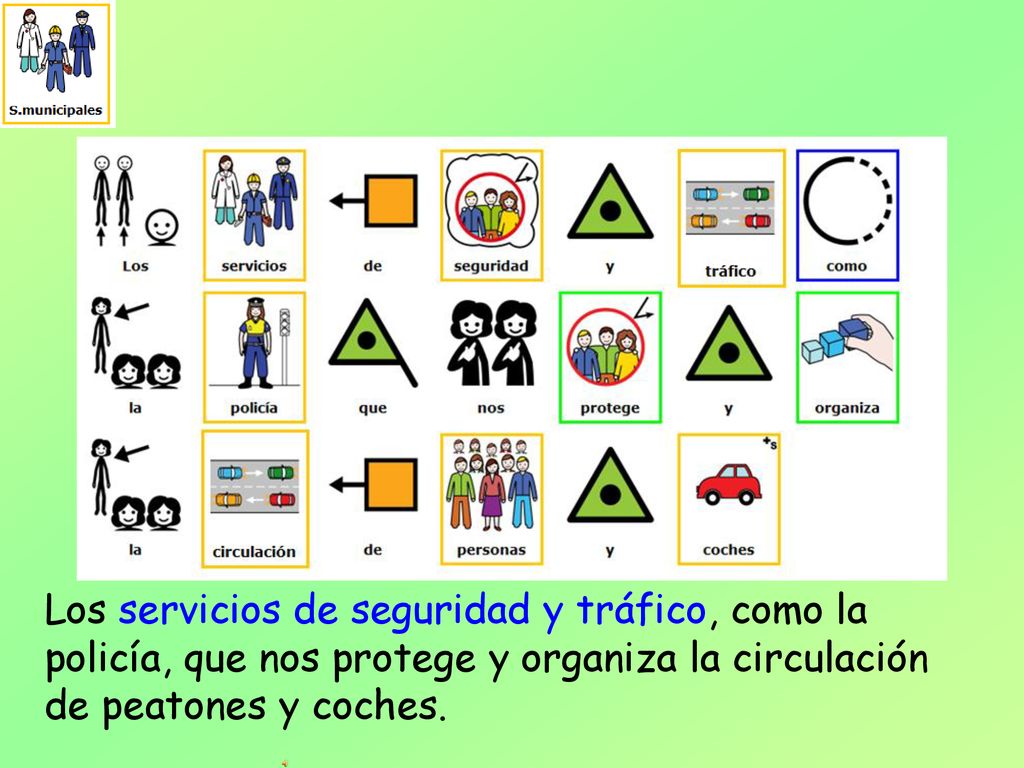 Los servicios de seguridad y tráfico, como la policía, que nos protege y organiza la circulación de peatones y coches.