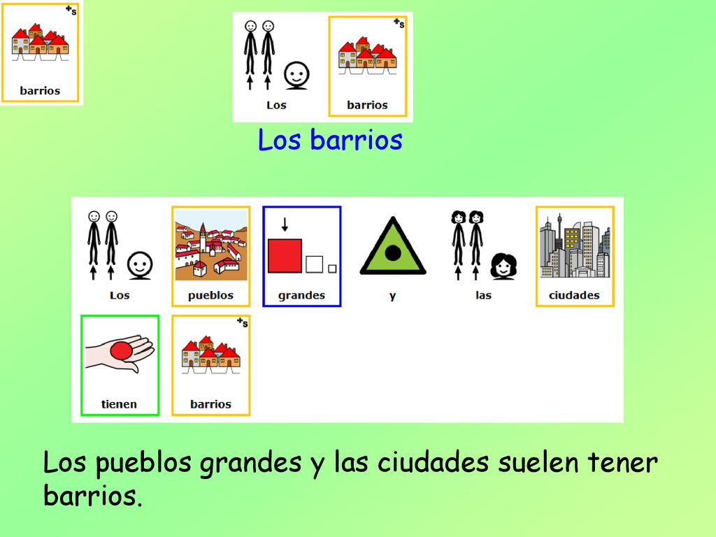Los barrios Los pueblos grandes y las ciudades suelen tener barrios.