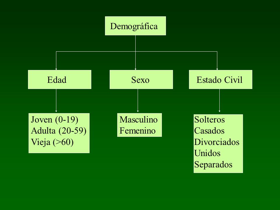 Demográfica Edad. Sexo. Estado Civil. Joven (0-19) Adulta (20-59) Vieja (>60) Masculino. Femenino.