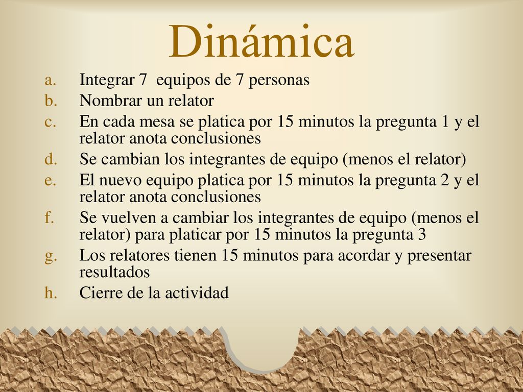 Dinámica Integrar 7 equipos de 7 personas Nombrar un relator