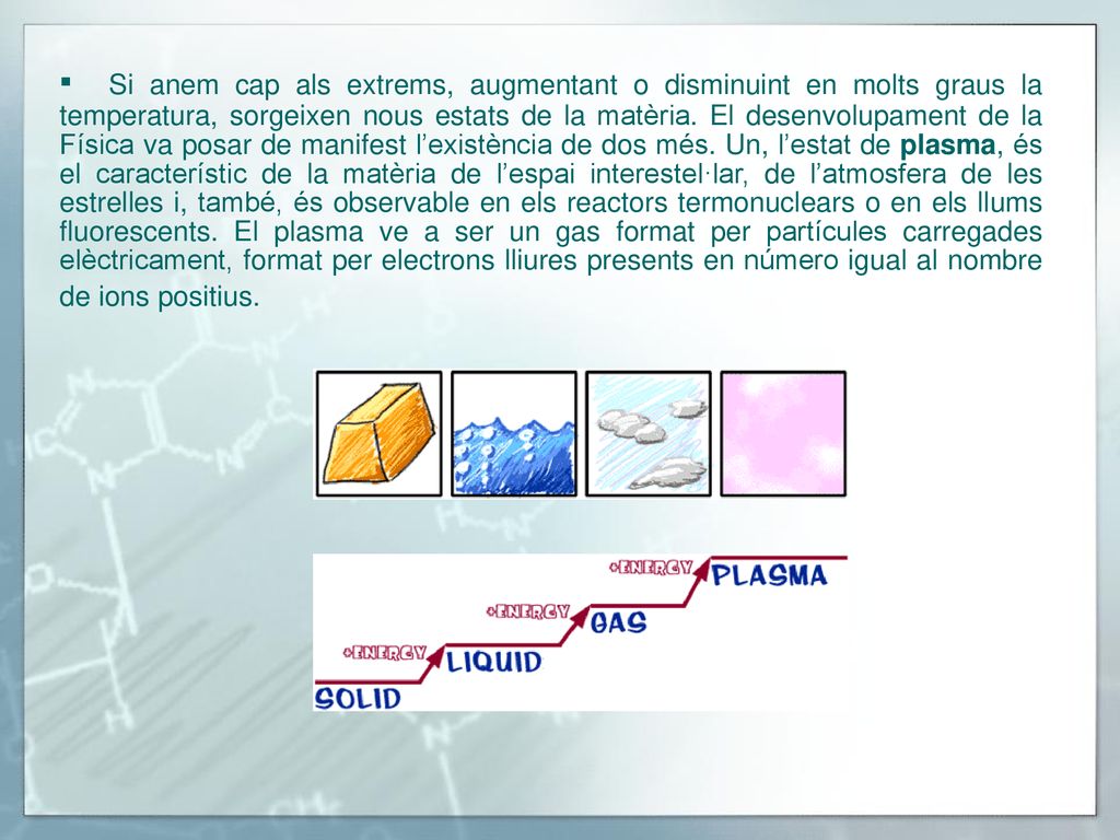 ▪ Si anem cap als extrems, augmentant o disminuint en molts graus la temperatura, sorgeixen nous estats de la matèria.