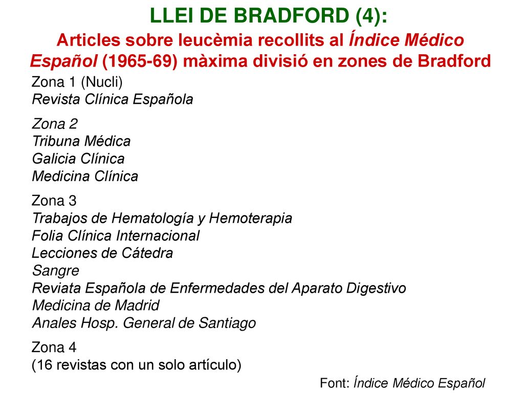 LLEI DE BRADFORD (4): Articles sobre leucèmia recollits al Índice Médico Español ( ) màxima divisió en zones de Bradford.