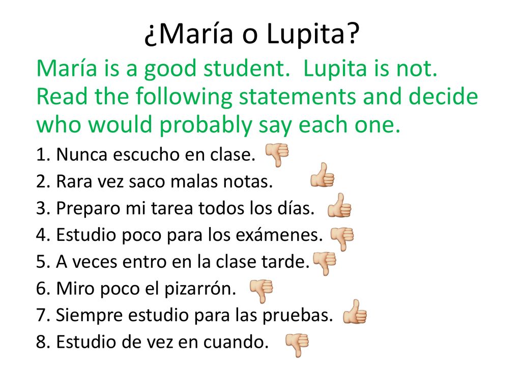 ¿María o Lupita María is a good student. Lupita is not. Read the following statements and decide who would probably say each one.