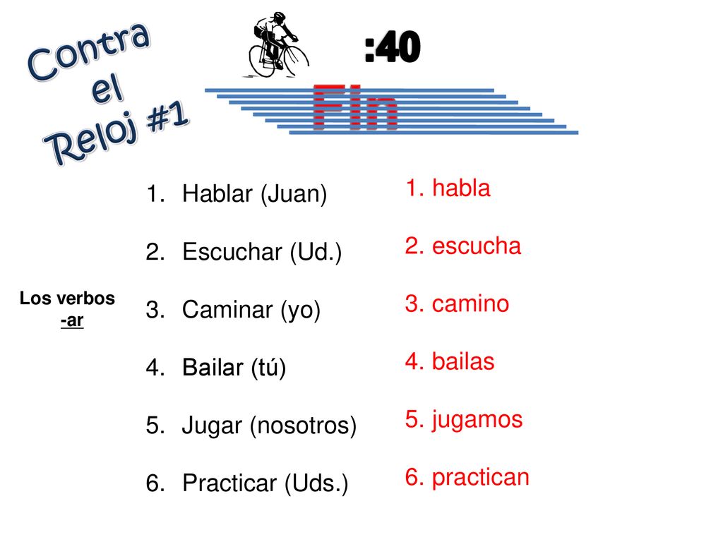 Fin :40 Contra el Reloj #1 habla Hablar (Juan) escucha Escuchar (Ud.)