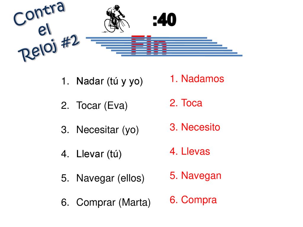 Fin :40 Contra el Reloj #2 Nadamos Nadar (tú y yo) Toca Tocar (Eva)