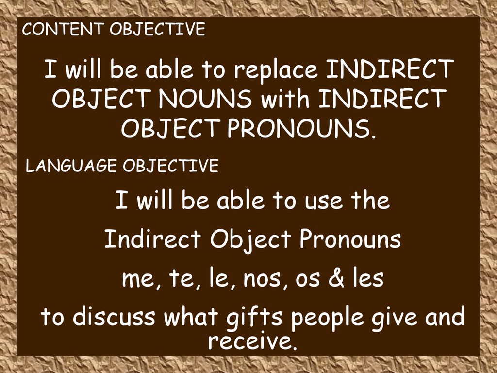 Indirect Object Pronouns me, te, le, nos, os & les
