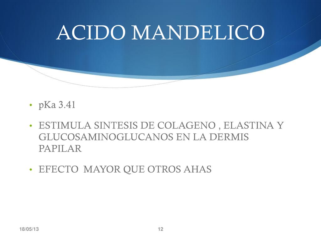 ACIDO MANDELICO pKa ESTIMULA SINTESIS DE COLAGENO , ELASTINA Y GLUCOSAMINOGLUCANOS EN LA DERMIS PAPILAR.
