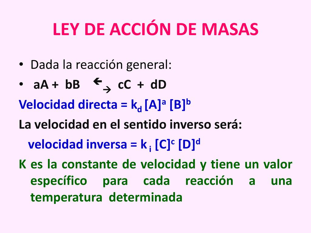 LEY DE ACCIÓN DE MASAS Dada la reacción general: aA + bB  cC + dD