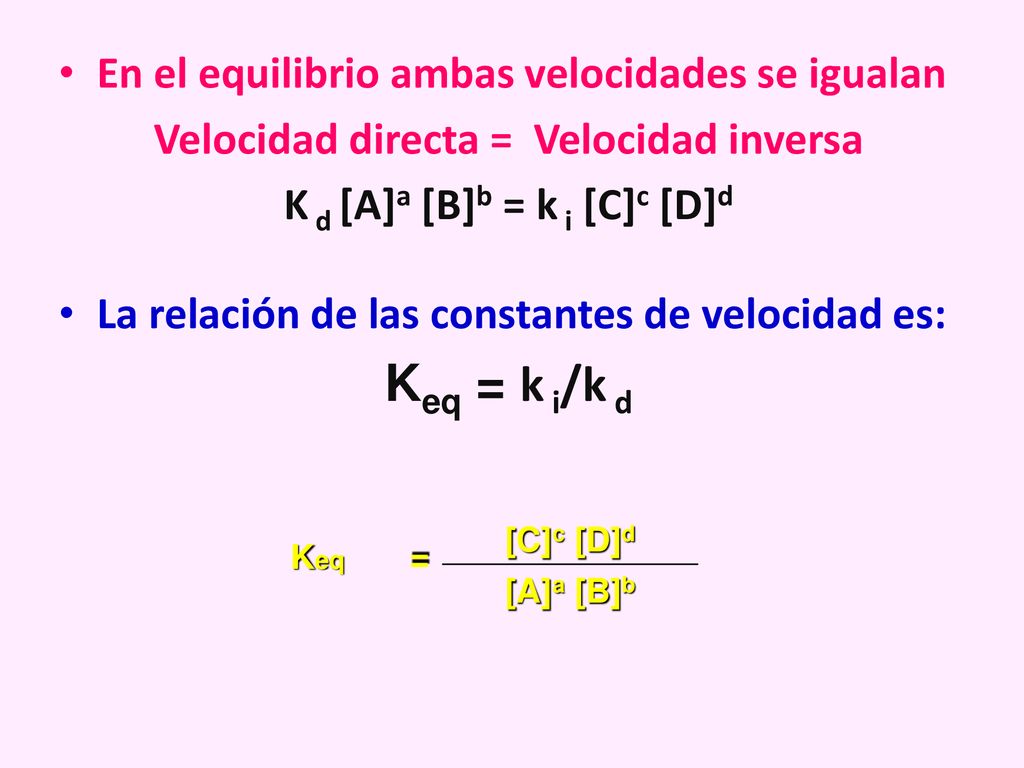 Velocidad directa = Velocidad inversa K d [A]a [B]b = k i [C]c [D]d