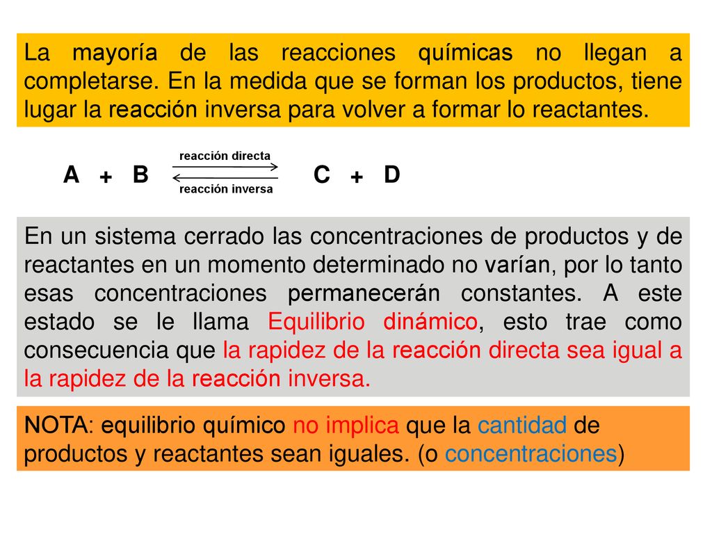 La mayoría de las reacciones químicas no llegan a completarse