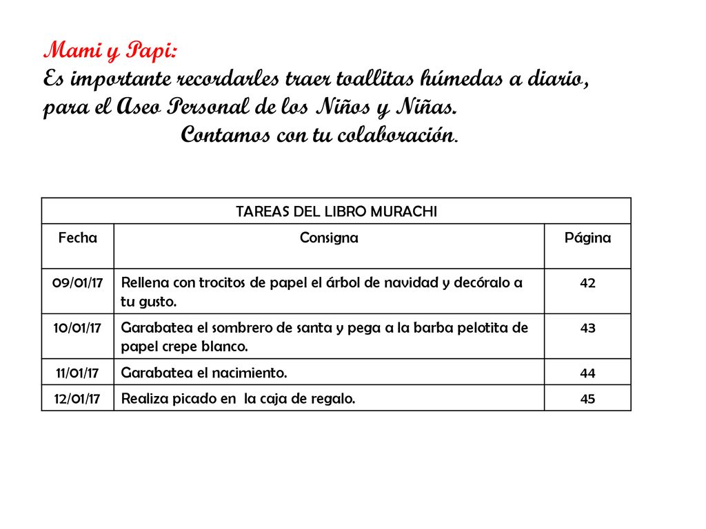 Es importante recordarles traer toallitas húmedas a diario,