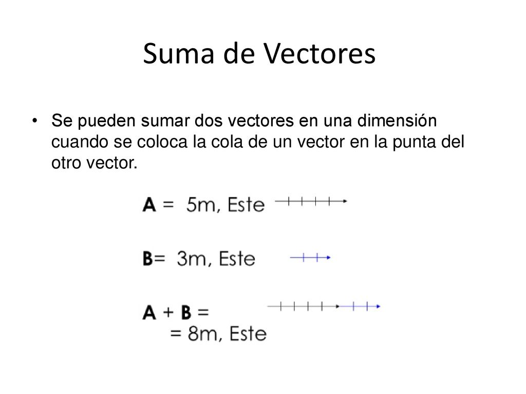 Suma de Vectores Se pueden sumar dos vectores en una dimensión cuando se coloca la cola de un vector en la punta del otro vector.