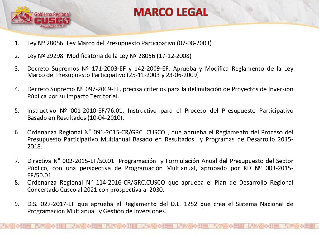 MARCO LEGAL 1. Ley Nº 28056: Ley Marco del Presupuesto Participativo ( ) 2. Ley Nº 29298: Modificatoria de la Ley Nº ( )