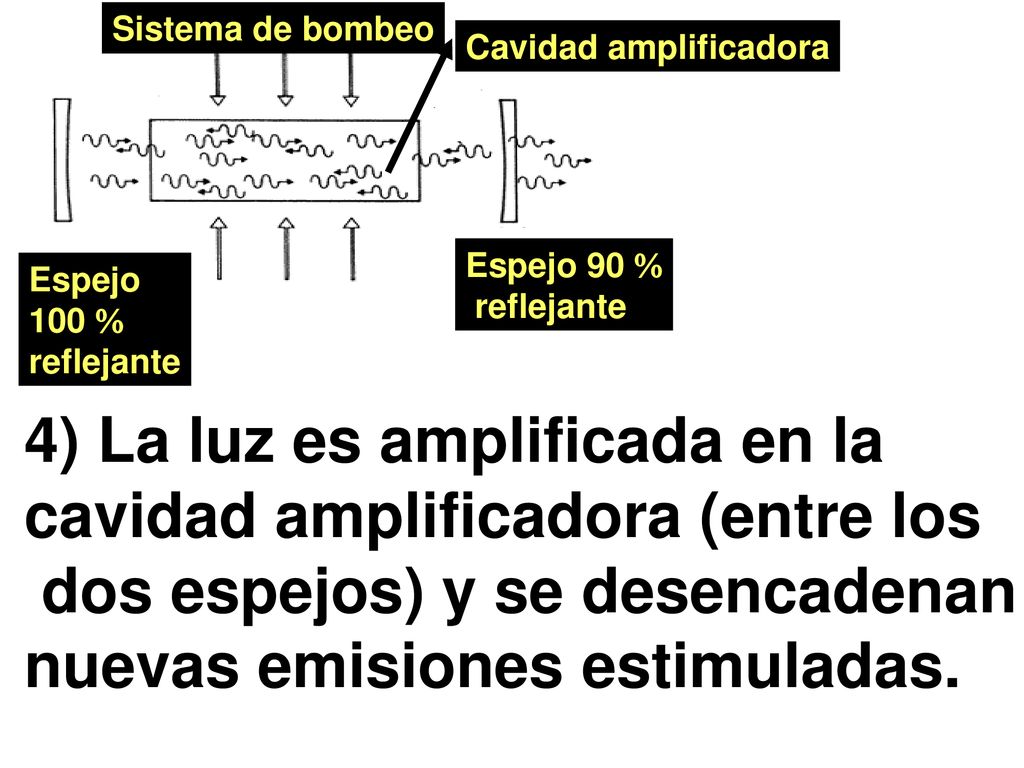 4) La luz es amplificada en la cavidad amplificadora (entre los