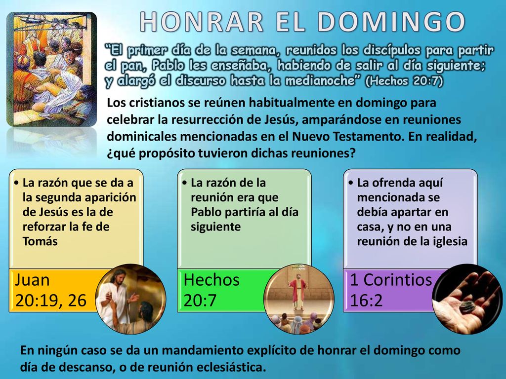 HONRAR EL DOMINGO Juan 20:19, 26 Hechos 20:7 1 Corintios 16:2