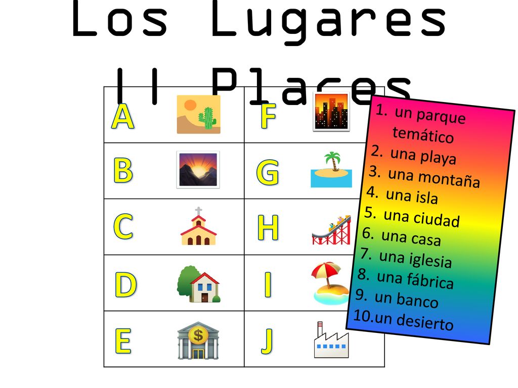 Los Lugares || Places A F B G C H D I E J un parque temático una playa