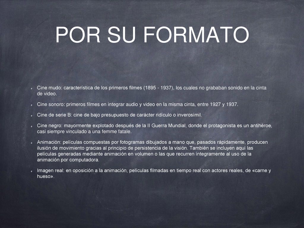 POR SU FORMATO Cine mudo: característica de los primeros filmes ( ), los cuales no grababan sonido en la cinta de video.