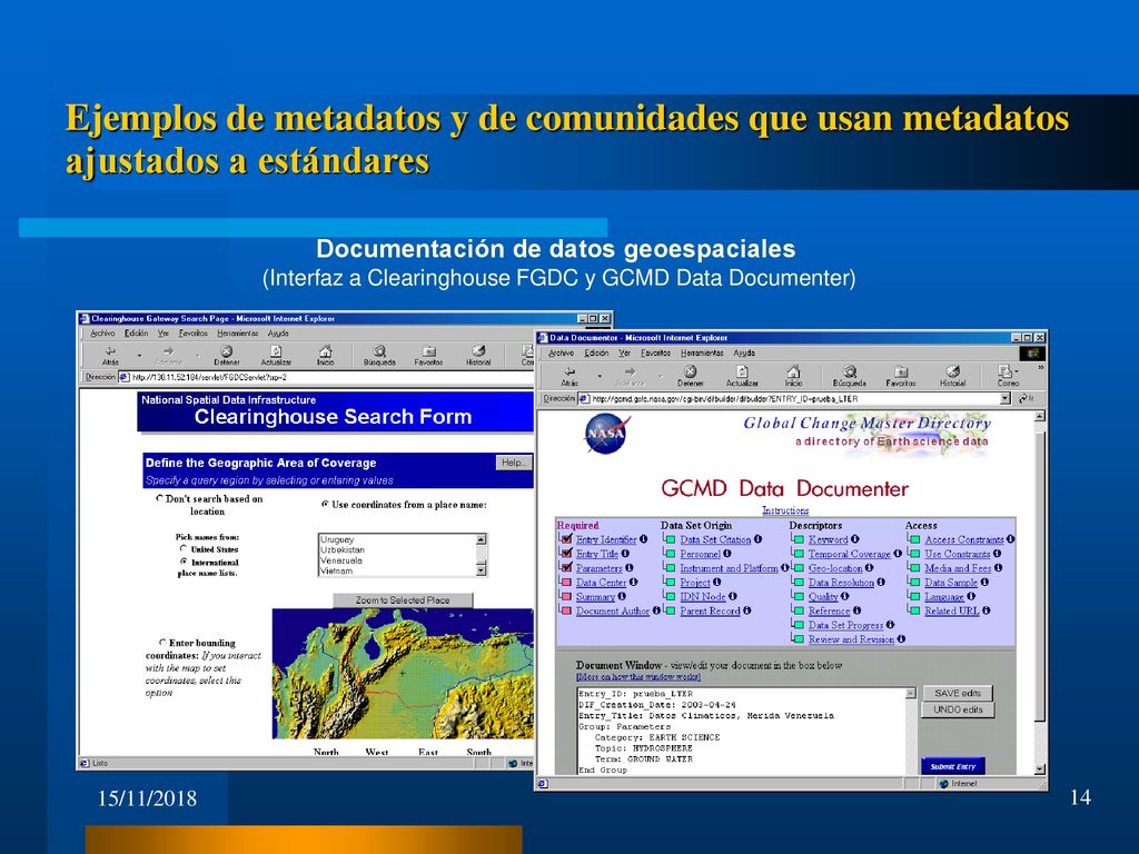 Ejemplos de metadatos y de comunidades que usan metadatos ajustados a estándares