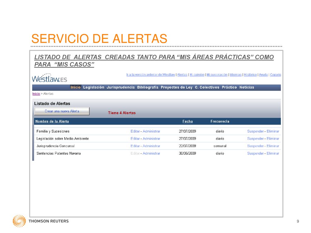 SERVICIO DE ALERTAS LISTADO DE ALERTAS CREADAS TANTO PARA MIS ÁREAS PRÁCTICAS COMO PARA MIS CASOS