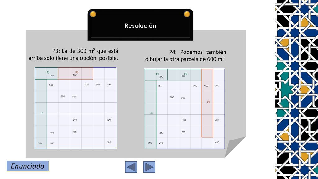 Resolución P3: La de 300 m2 que está arriba solo tiene una opción posible. P4: Podemos también dibujar la otra parcela de 600 m2.