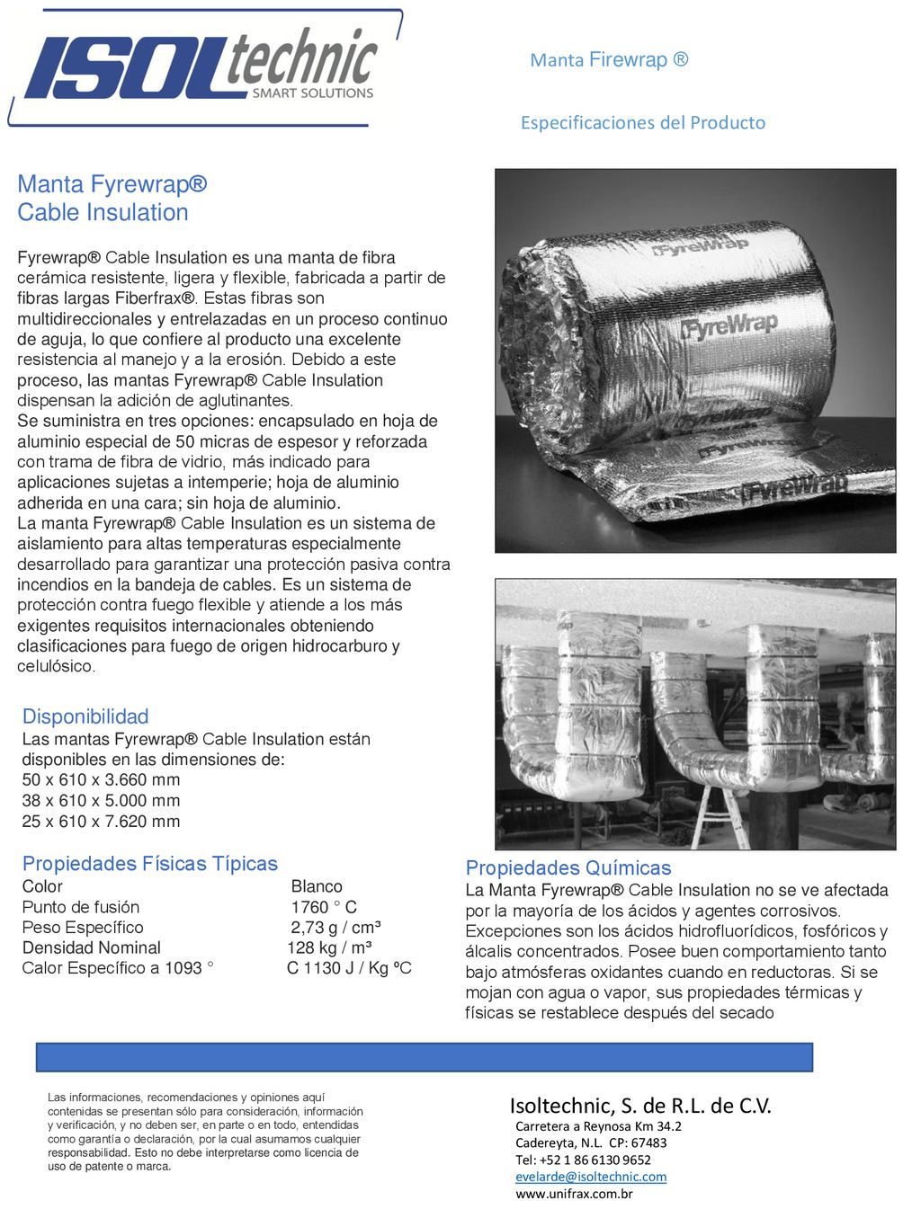 Manta Firewrap ® Especificaciones del Producto. Manta Fyrewrap®