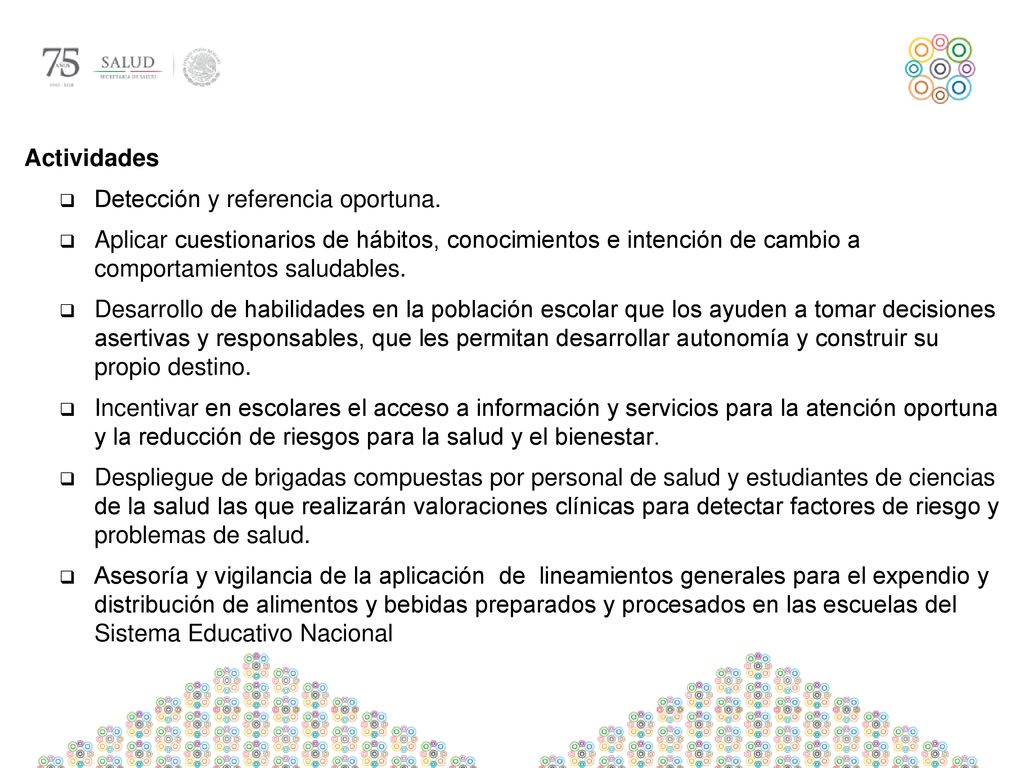 Actividades Detección y referencia oportuna. Aplicar cuestionarios de hábitos, conocimientos e intención de cambio a comportamientos saludables.