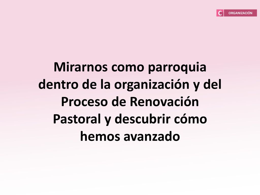 ORGANIZACIÓN Mirarnos como parroquia dentro de la organización y del Proceso de Renovación Pastoral y descubrir cómo hemos avanzado.