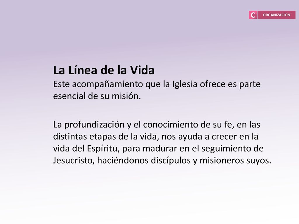 ORGANIZACIÓN La Línea de la Vida. Este acompañamiento que la Iglesia ofrece es parte esencial de su misión.