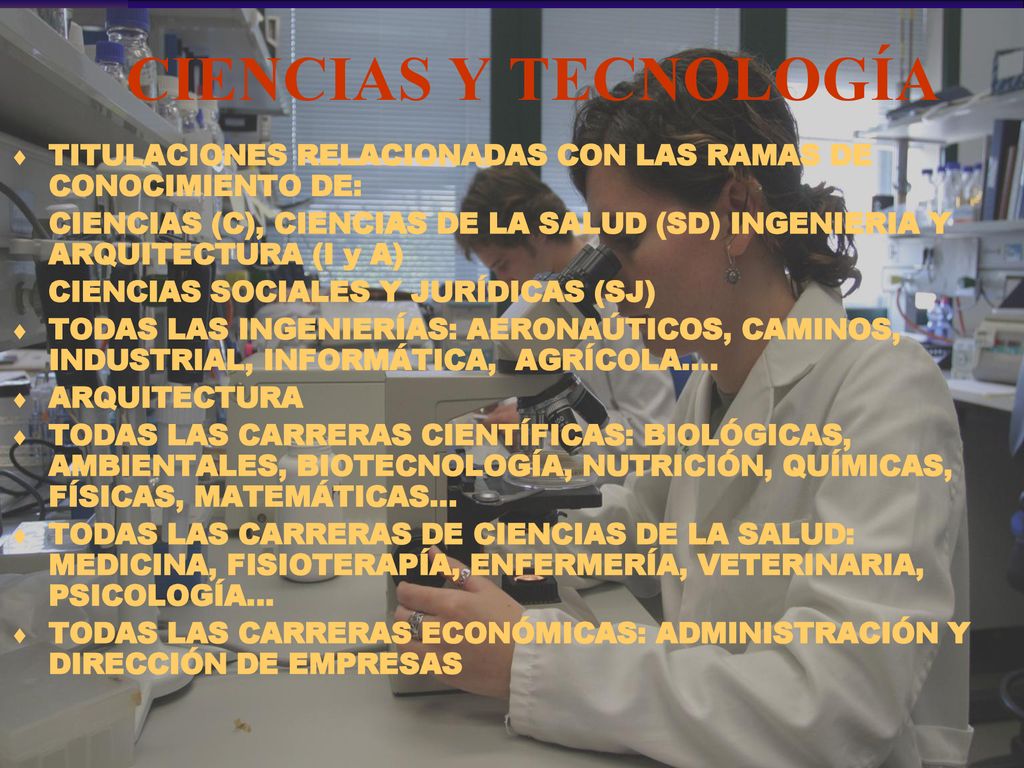 CIENCIAS Y TECNOLOGÍA TITULACIONES RELACIONADAS CON LAS RAMAS DE CONOCIMIENTO DE: