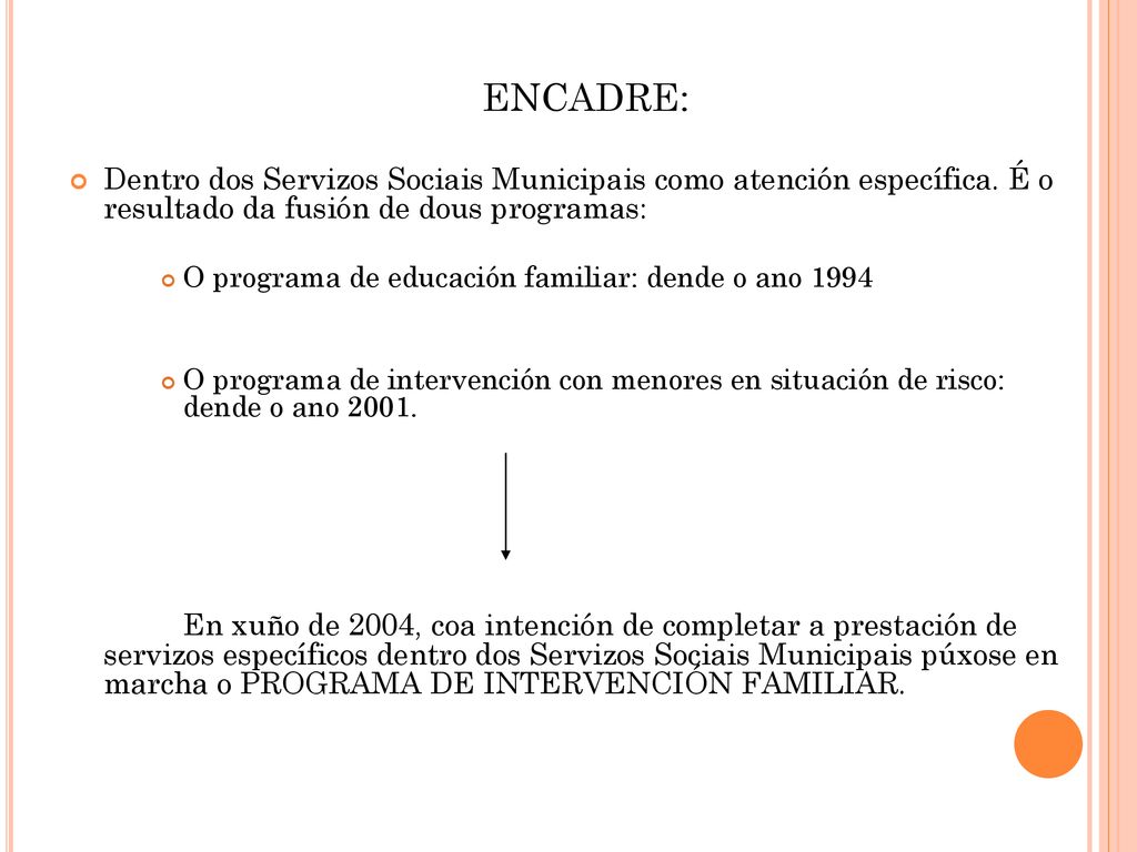 ENCADRE: Dentro dos Servizos Sociais Municipais como atención específica. É o resultado da fusión de dous programas: