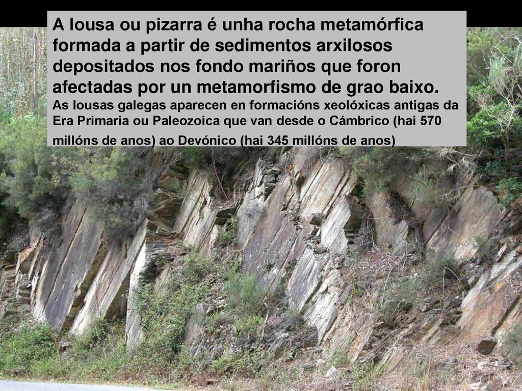 A lousa ou pizarra é unha rocha metamórfica formada a partir de sedimentos arxilosos depositados nos fondo mariños que foron afectadas por un metamorfismo de grao baixo.