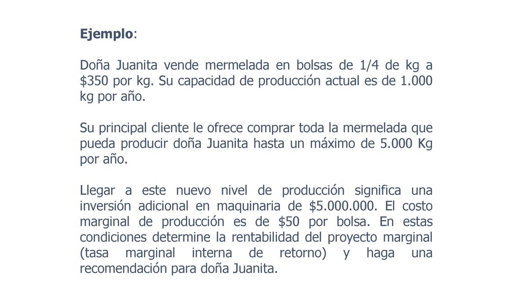Ejemplo: Doña Juanita vende mermelada en bolsas de 1/4 de kg a $350 por kg. Su capacidad de producción actual es de kg por año.