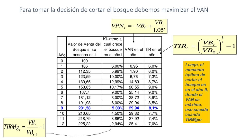 Para tomar la decisión de cortar el bosque debemos maximizar el VAN